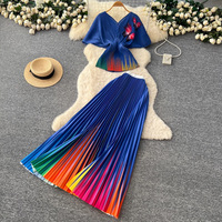 Ensemble de tenue à couleurs dégradées - Haut à manches courtes à imprimé papillon pour femme, jupe plissée taille haute, ensemble deux pièces
