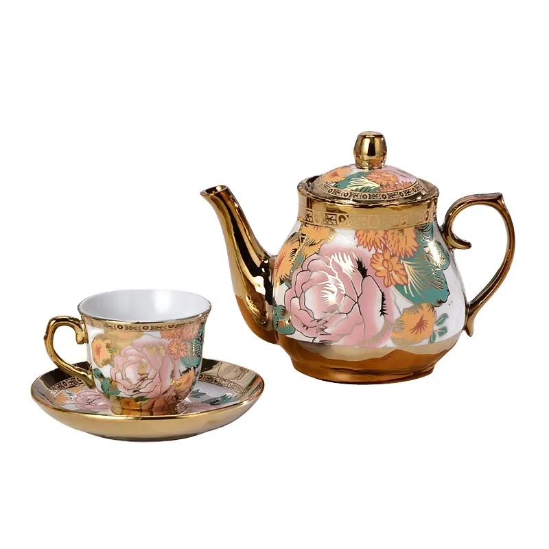 Xícara de café de cerâmica europeia de design moderno delicado com 15 cabeças bule de chá flor galvanizado porcelana de osso