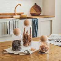 Mignons bocaux décoratifs en verre de stockage de 500ml à 1200ml avec boîtes à billes en bois 4 pièces couvercle en liège pour la cuisine pour la nourriture et le thé