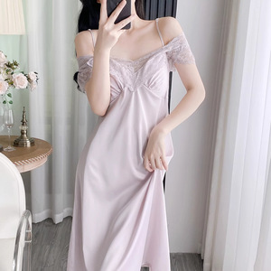 Camisón largo de seda helada para mujer con cuello en V y tirantes finos de encaje, ropa de dormir para el hogar, verano 2025 - Product Image 3