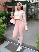 Set Atasan Crop Top Bergaris dan Legging Wanita 2 Potong, Pakaian Santai untuk Gym Yoga, Pakaian Harian Kasual, Rajutan Serasi 4 Warna