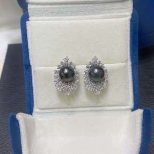 Pendientes de perlas tahitianas Sunburst de plata de ley 925, perlas naturales de agua de mar de 9-10 mm, pendientes de perlas casi redondas, joyería personalizada. - Product Image 2