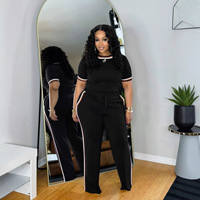 Ensemble 2 pièces sexy pour femme, haut à manches courtes et pantalon long, survêtement côtelé à rayures contrastées, grandes tailles – Grande Vente