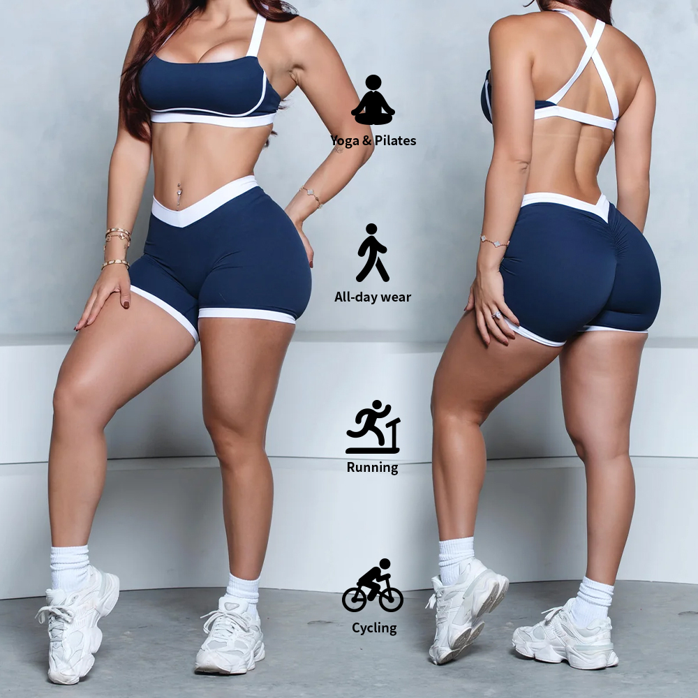 Custom Logo Sport Gym Wear Contrast Waisted V Shape Butt Scrunch Yoga Short and Bra Suits Women Workout Sets