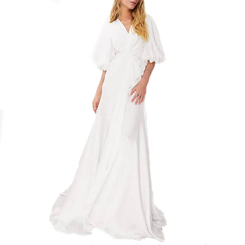 Formal Short Blouson Sleeves Dress Wrap Front Satin Maxi Dress Elegant Women Back Cut Out Wedding Dress