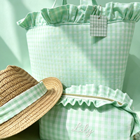 Bolsa de Mano de Tela de Algodón, Suave, Duradera, Abierta, de Gran Capacidad, para Primavera/Verano, con Diseño a Cuadros, Personalizada con Bordado Cursivo