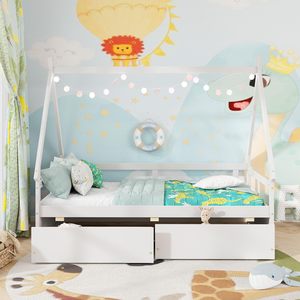<span class=keywords><strong>Lit</strong></span> double moderne avec 2 tiroirs de rangement, structure en métal, style tente <span class=keywords><strong>Montessori</strong></span>, barrière de sécurité, <span class=keywords><strong>lit</strong></span> tipi bas écologique avec sommier à lattes en bois - Product Image 3