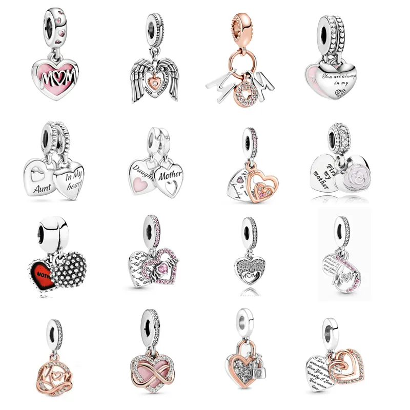 NEW 925 Sterling Silver Heart Mom Family Dangle Beads Charm Fit Original Pandorased Bracelet for Women DIY Jewelry