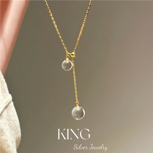 เครื่องประดับคิงซิลเวอร์ สร้อยคอคริสตัลคู่ S925 เงินชุบทอง คริสตัลสีขาวใส สำหรับผู้หญิง สวมใส่ได้ทุกวัน - Product Image 1