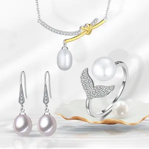 RINNTIN GP 2023 perhiasan modis 925 Sterling kalung mutiara alami air tawar perak Set cincin anting perhiasan untuk wanita