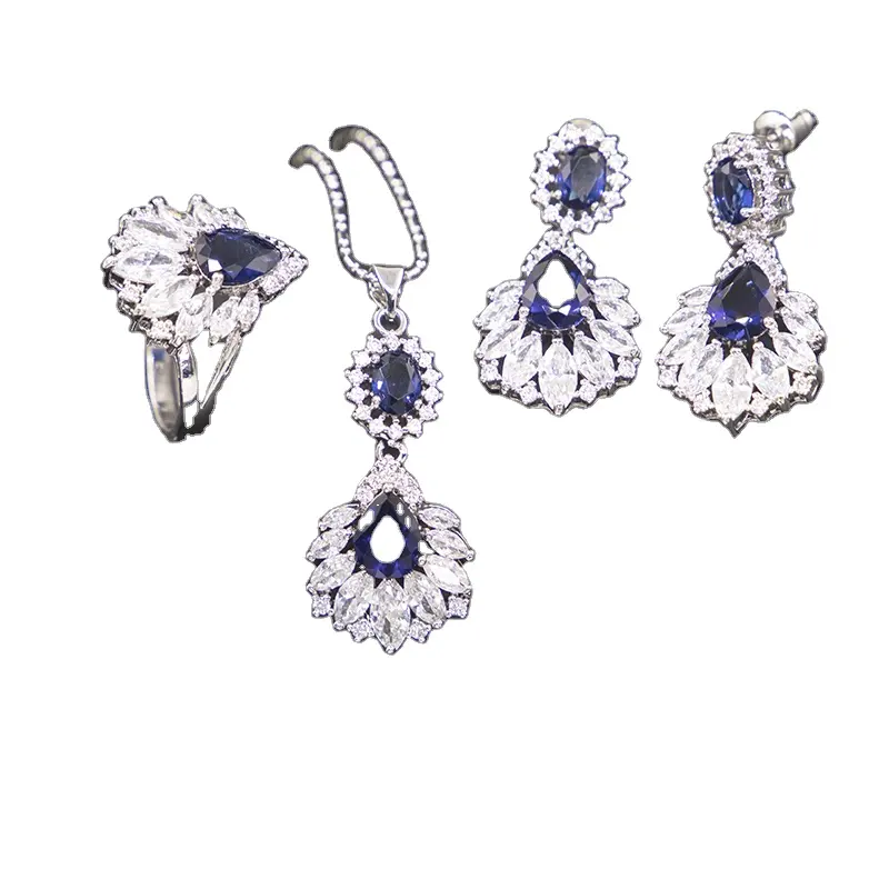 Trendy Italian Luxury Pendant Necklace Earrings Ring Set For Women Fashion Vintage Droplet Sapphire Zircon Jewelry Set