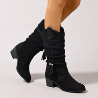 Bottes Western mi-mollet pour femme, en faux daim, à talon carré épais, style décontracté, avec décorations en franges tressées, à enfiler, style cowboy