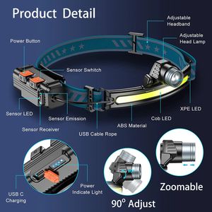 Налобный фонарь XPG+COB LED с датчиком движения, встроенным аккумулятором, для рыбалки, кемпинга и наружного освещения - Product Image 3