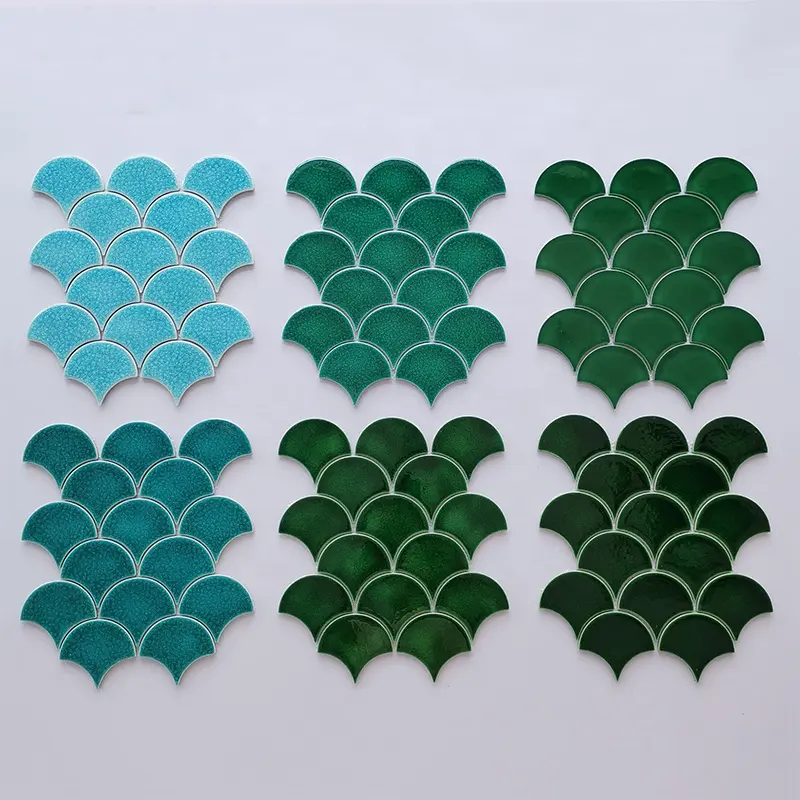 फोशान आइस क्रैक फैनशेप सिरेमिक मोज़ेक मछली स्केल आकार टाइल बैकस्प्लैश पृष्ठभूमि पूल दीवार फर्श सजावट के लिए नीला हरा