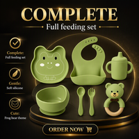 Ensemble de vaisselle pour bébé grenouille vert clair en silicone avec bavoir, bol, tasse, cuillère, fourchette et anneau de dentition