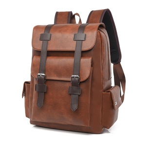 Men's Retro Business <b>Backpack</b> <b>Waterproof</b> Travel Bag Zipper Closure Soft PU Polyester New Trendy Style - Product Image 4