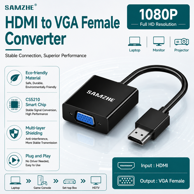 SAMZHE 1080P HDMI to VGA Converter High Definition Video Adapter Male Cable with IC CS5210 for Laptop Box TV Monitor Projector