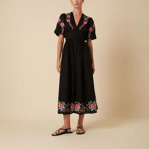OEM Manufacturers' Women's Casual <b>Sexy</b> Floral Embroidered V-Neck Midi <b>Dress</b> for Summer Autumn Elegant Floral Embroidery Front - Product Image 3