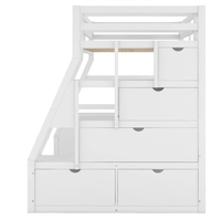 Hochbett mit Schreibtisch und Treppe, Holz-Hochbetten mit Schrank und 7 Schubladen und 2 Regalen, Hohes Hochbettgestell mit Stufe für Kinder