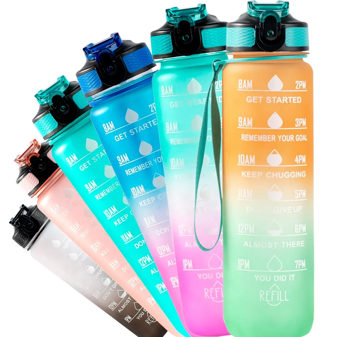 1L 32 ozCustom Plastic Straw Strainer Filter Gym Sports BPA Free Tritan Motivational Water Bottle With Time Marker