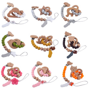 2 adet/takım ahşap silikon bebek diş kaşıyıcı diş çıkarma bilezik emzik tutucu klip silikon boncuk bebek kukla zinciri - Product Image 4