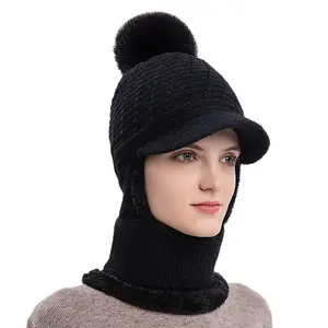 Designer Logo Winter Warm Cycling Woolen Hat Pom Pom Cap & Scarf One-Piece Knitted Outdoor Ear Protection Hat
