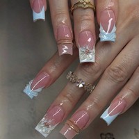 Faux ongles carrés roses français à presser, 10 pièces, faits à la main, avec fleurs 3D et strass