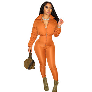 Winter Hot Sale Long Sleeve Stand Collar Puff <strong>Jacket</strong> Top Leggings Patchwork Design <strong>Jumpsuit</strong> Women Casual <strong>Jumpsuit</strong> - Product Image 5