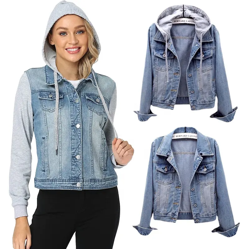 Womens Detachable Hooded Denim Jackets Japanese Korean Short Coat Youth Hoodie Boyfriend Jeans Jacket