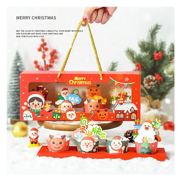 Sweet Christmas Design Paper Cake Foldable Biscuit Chocolate Muffin Cup Packaging Gift Box Xmas Cupcake Box With Window