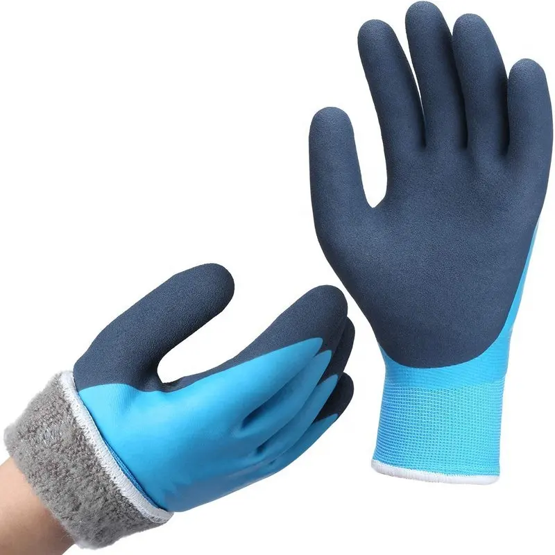 Gants de sécurité imperméables en Nylon à Double revêtement thermique de calibre 15, en acrylique isolé renforcé brossé doublé bleu pour le travail en hiver