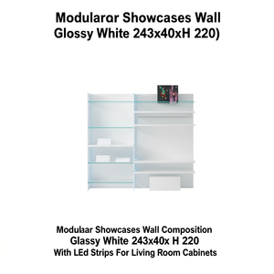 Composants muraux modulaires pour vitrines, blanc brillant 243x40x H 220 avec bandes LED pour armoires de salon - Product Image 3