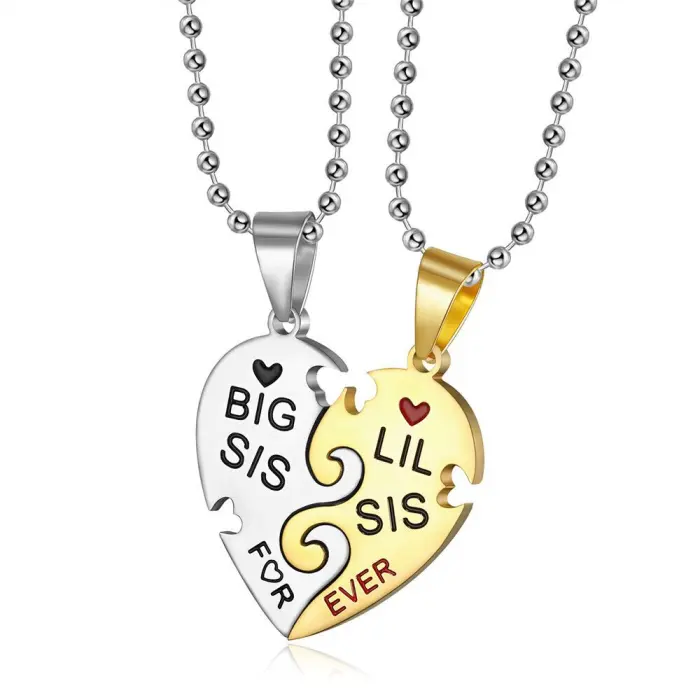 'Big sis' and 'lil sis' engrave friendship symbol split heart shape stainless steel best friends forever necklace for women