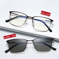 Lunettes de soleil photochromiques populaires pour hommes, avec revêtement bleu, monture métallique carrée, anti-lumière bleue, verres optiques à changement de couleur
