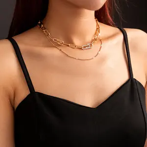 Hip Hop Trendy Diamond-Embedded Paperclip Chunky Chain Chocker Short Double Strand Clavicle Necklace