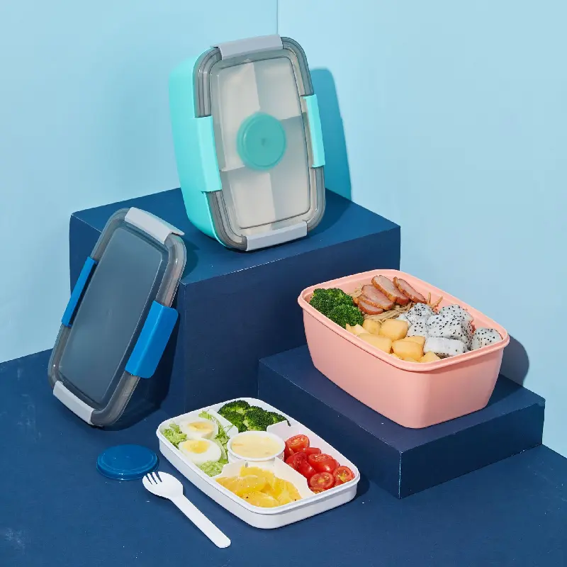 2L lớn hình chữ nhật nhựa ngăn hộp salad với nước sốt container kín Dã Ngoại Hộp Ăn Trưa cho trái cây bảo quản