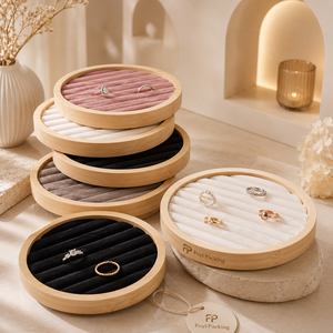 Plateau de présentation rond en bambou avec fentes en velours pour la présentation de bijoux en boutique et l'affichage de bagues en magasin - Product Image 1