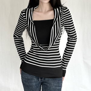 Camiseta de manga larga de punto con estampado de rayas vintage para mujer, ecológica, con cuello tipo capucha fruncido y efecto de dos piezas, top base para superposición - Product Image 4