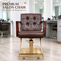 Kursi Salon Hidrolik Komersial Kulit PU Coklat dengan Sandaran Tangan Kayu dan Sandaran Kaki Emas untuk Salon Kecantikan