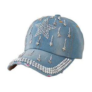 Classic Summer Spring Autumn Cotton Women's High Top Hat Dotted Jewel Ponytail Baseball Sport Cap for Wholesale
