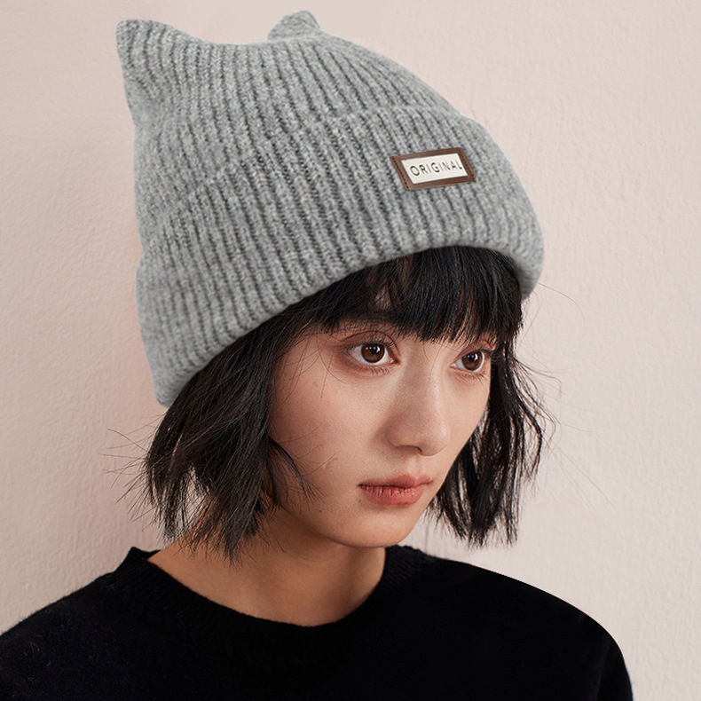 FF3081 Cuff Fleece Wool Knitted Beanie Hats With Ear Warm Knit