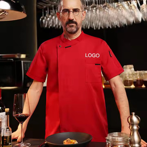 Vêtements de travail en gros Serveur Serveur Uniforme Personnel de cuisine <span class=keywords><strong>Noir</strong></span> et Rouge Chef Manteau Chef Manteau logo - Product Image 4