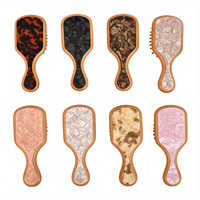 Brosse à cheveux Yuxi personnalisée avec logo, mini 15 cm, en acétate, motif marbre, manche en bambou rose, écologique, OEM, massage du cuir chevelu