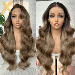 X-TRESS 13*6 Perruque Synthétique Longue Bouclée Loose Body Wave avec Racine Noire et Couleur Lin Blond, Lace Front Pré-Plucked Libre Partie - Product Image 1