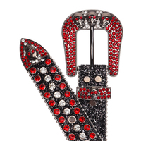 Ceinture Western Personnalisée Rouge Foncé avec Strass Tête de Mort, Ceinture Cowboy Punk Rockstar Ornée de Cristaux et Boucle Diamantée Scintillante
