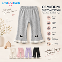 Smiledotkids Pantalons évasés personnalisés pour enfants, gris côtelé, nœud noir, ourlet en dentelle blanche, OEM ODM, vente en gros pour petites filles