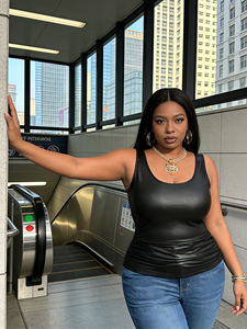 <b>Big</b> size hot girl style black soft leather U-neck pleated sleeveless top - Urban streetwear top in stock USA warehouse - Product Image 6