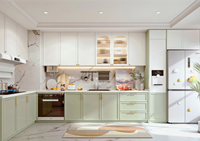 Desain Kabinet Dapur Modern Pintar dari Batu Kuarsa Tahan Api Ramah Lingkungan Modular Mewah dengan Lampu LED Strip Kustom untuk Vila