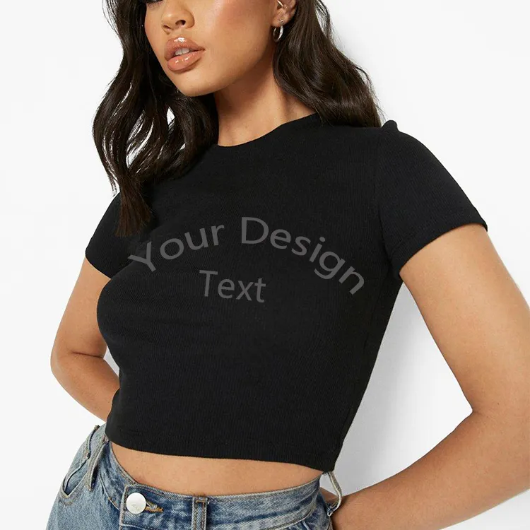 Wholesale Bulk Clothing Custom Sexy Woman Tops 2023 Black Blank Plain Knit Crop T-shirt For Women'S