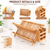 Organisateur de comptoir pliable en bambou naturel multi-usages avec porte-couverts et égouttoir à vaisselle
